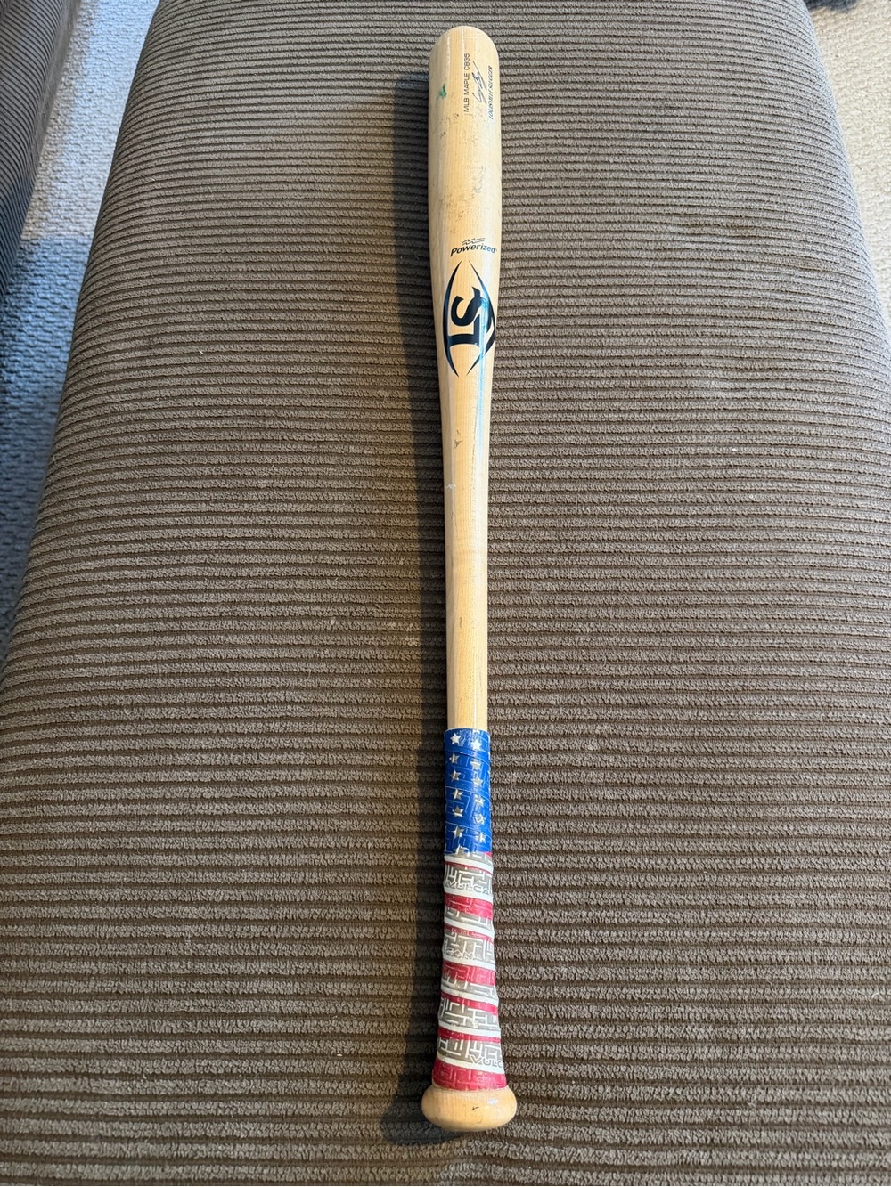Louisville Slugger Wood Baseball Bat with Red White Blue Grip Used A Few Times!